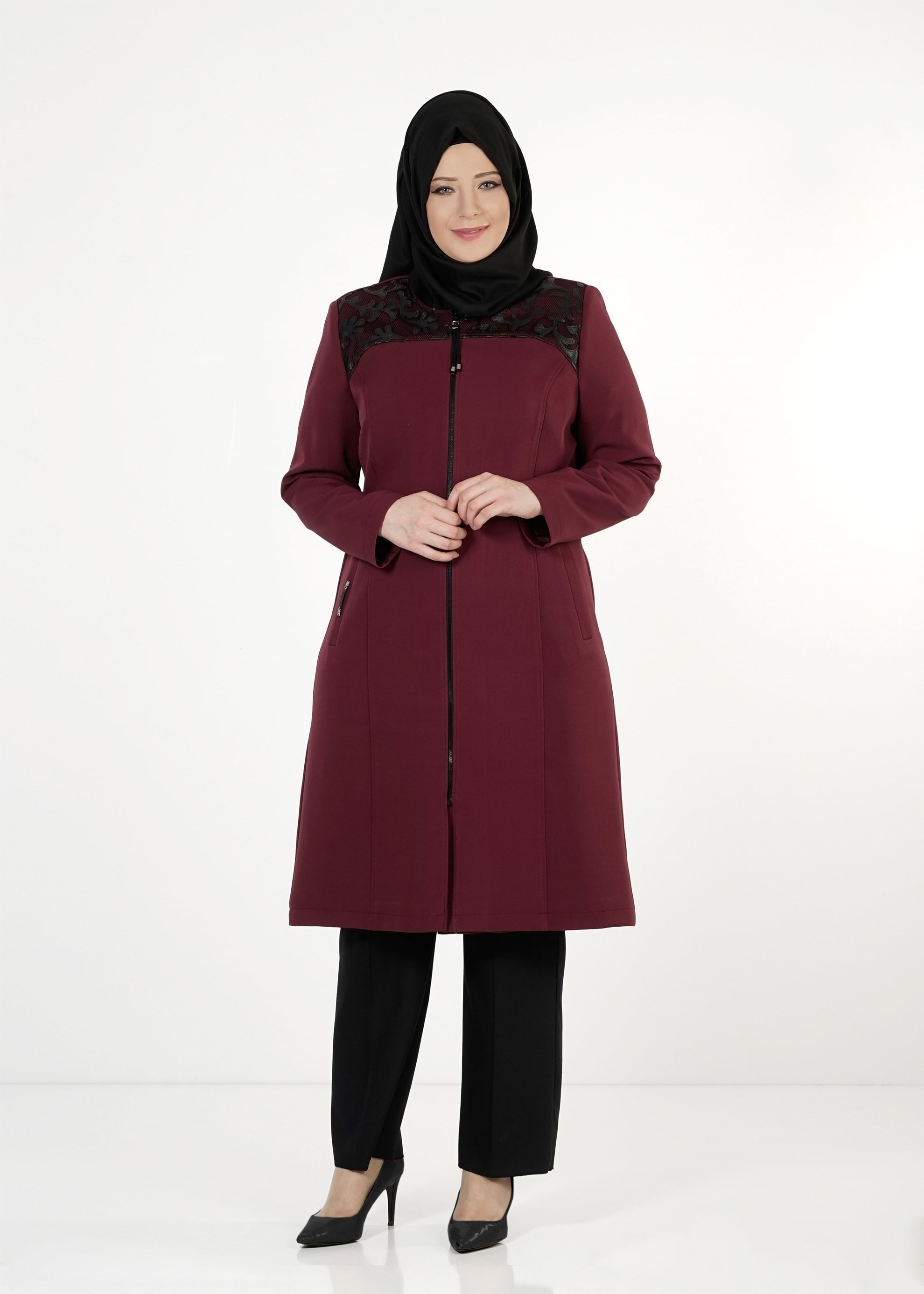 Tesettür giyim BORDO FERMUARLI TRENÇKOT 1657 