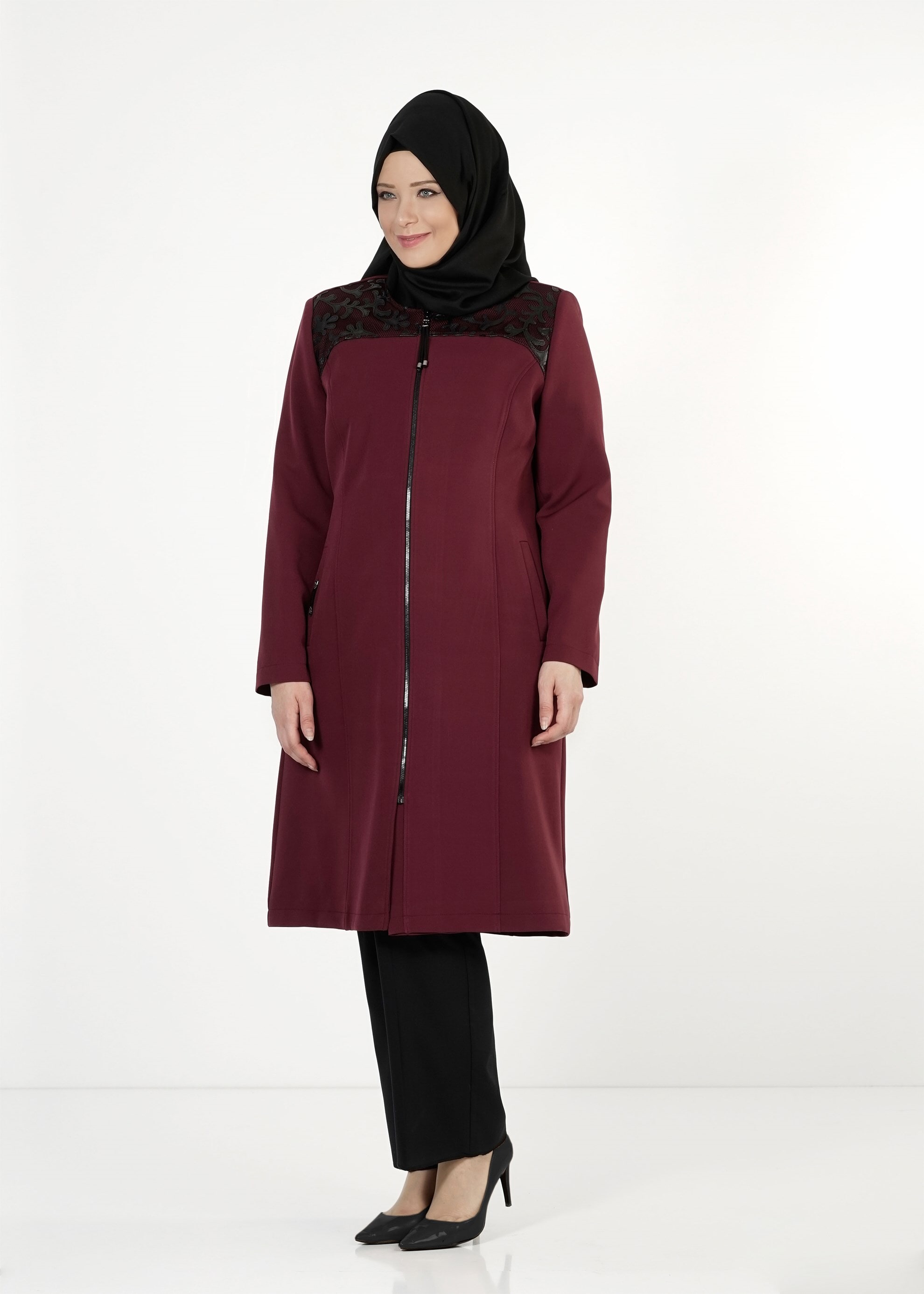 Tesettür giyim BORDO FERMUARLI TRENÇKOT 1657 