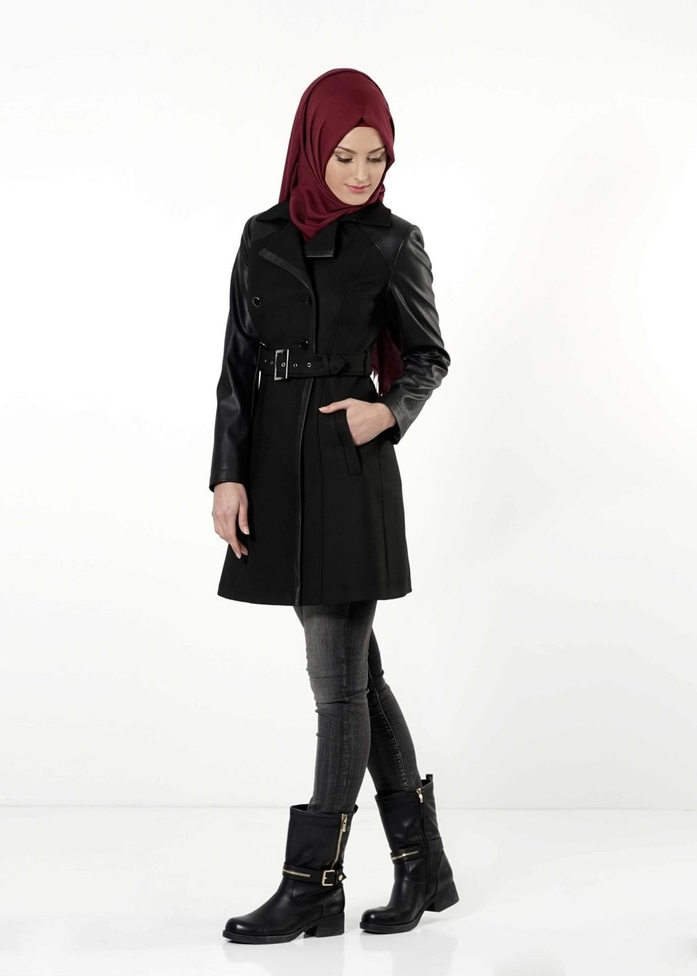 Tesettür giyim SİYAH DERİ DETAYLI KEMERLİ TRENÇKOT 1661 