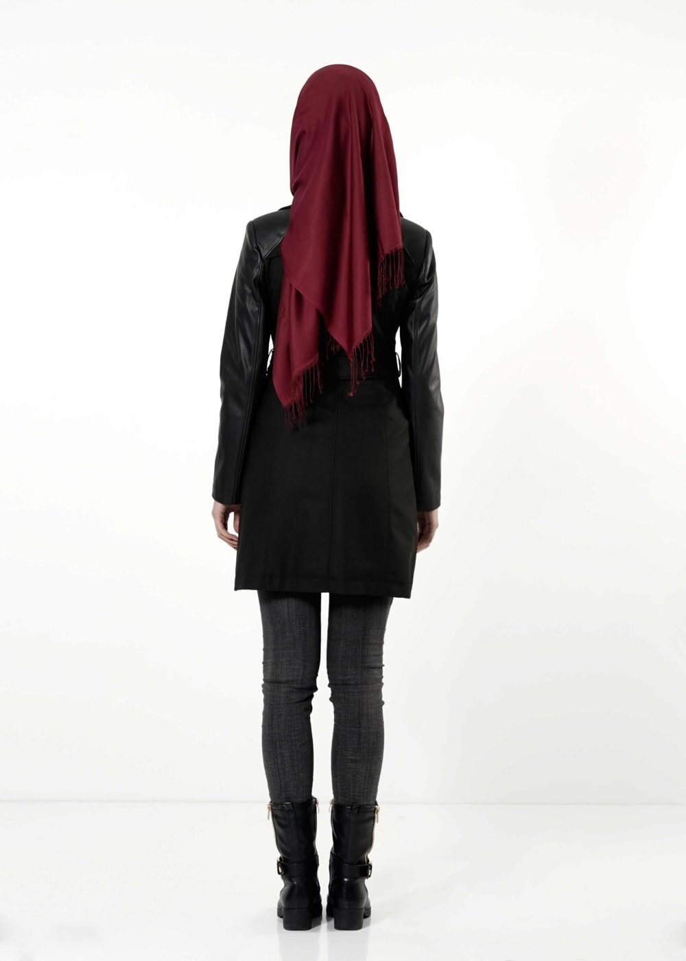 Tesettür giyim SİYAH DERİ DETAYLI KEMERLİ TRENÇKOT 1661 