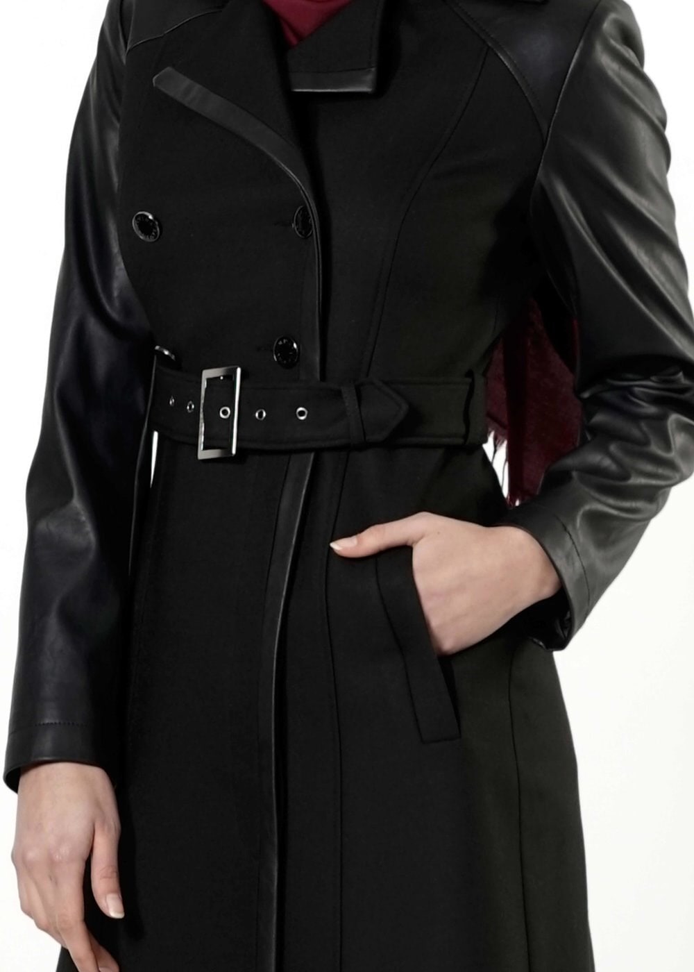 Tesettür giyim SİYAH DERİ DETAYLI KEMERLİ TRENÇKOT 1661 