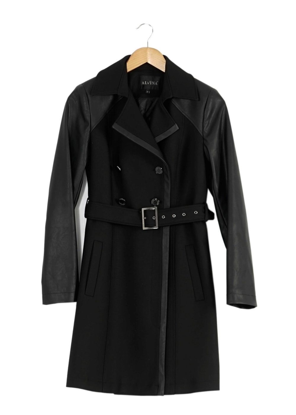 Tesettür giyim SİYAH DERİ DETAYLI KEMERLİ TRENÇKOT 1661 