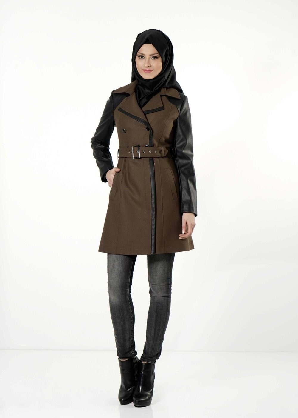 Tesettür giyim KAHVE DERİ DETAYLI KEMERLİ TRENÇKOT 1661 