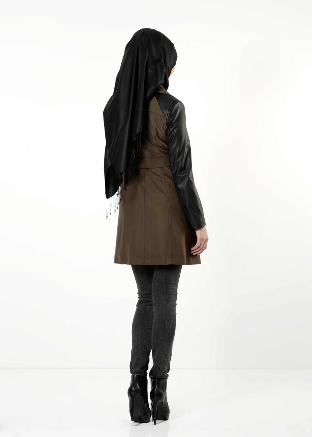 Tesettür giyim KAHVE DERİ DETAYLI KEMERLİ TRENÇKOT 1661 