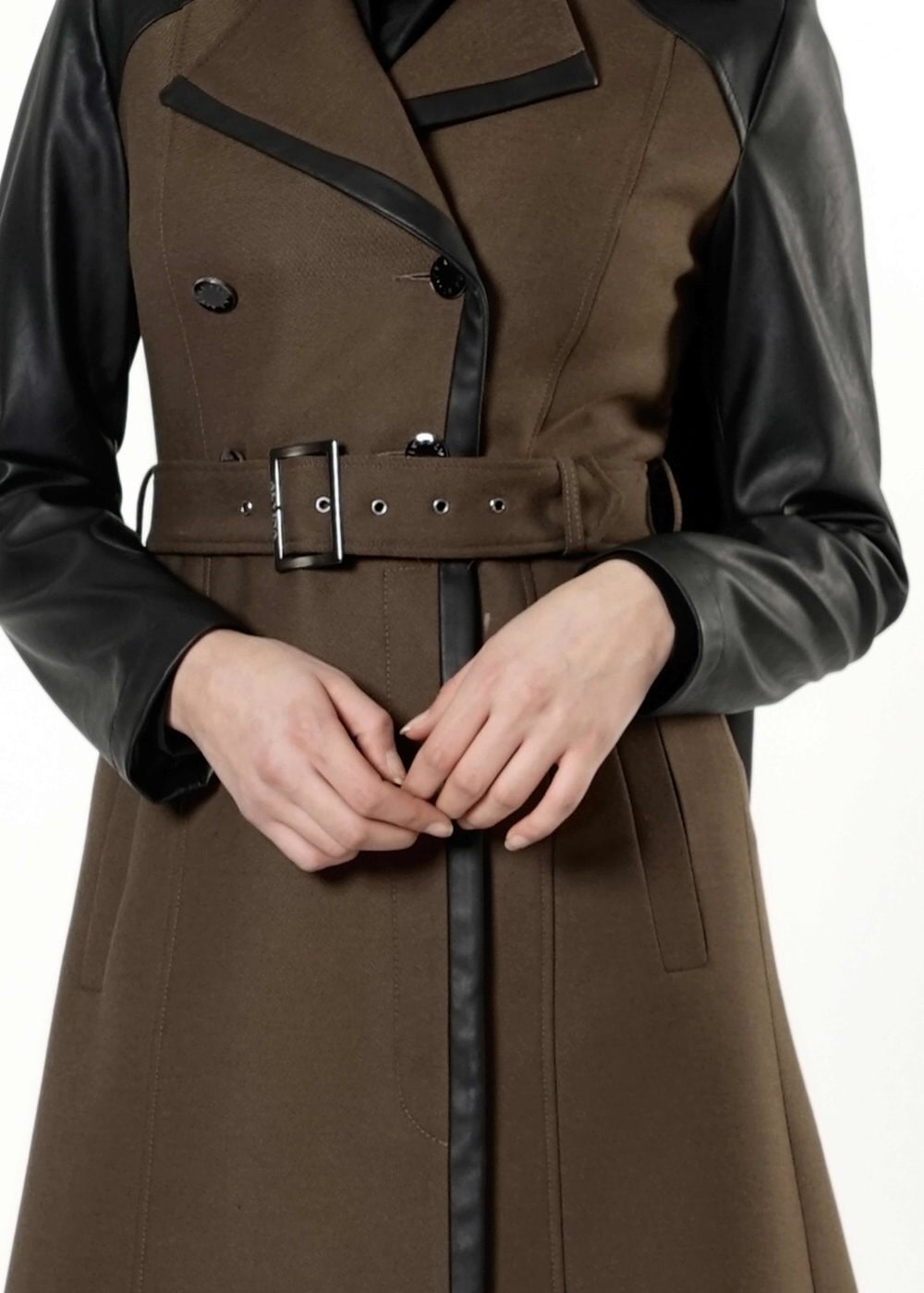 Tesettür giyim KAHVE DERİ DETAYLI KEMERLİ TRENÇKOT 1661 