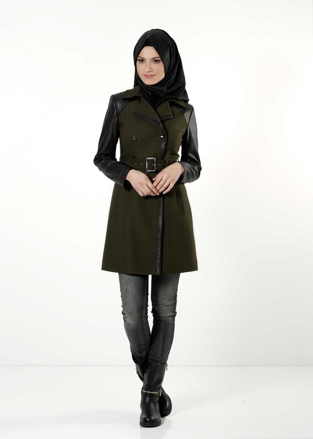 Tesettür giyim HAKİ DERİ DETAYLI KEMERLİ TRENÇKOT 1661 
