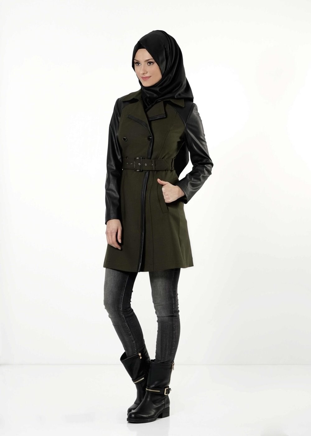 Tesettür giyim HAKİ DERİ DETAYLI KEMERLİ TRENÇKOT 1661 