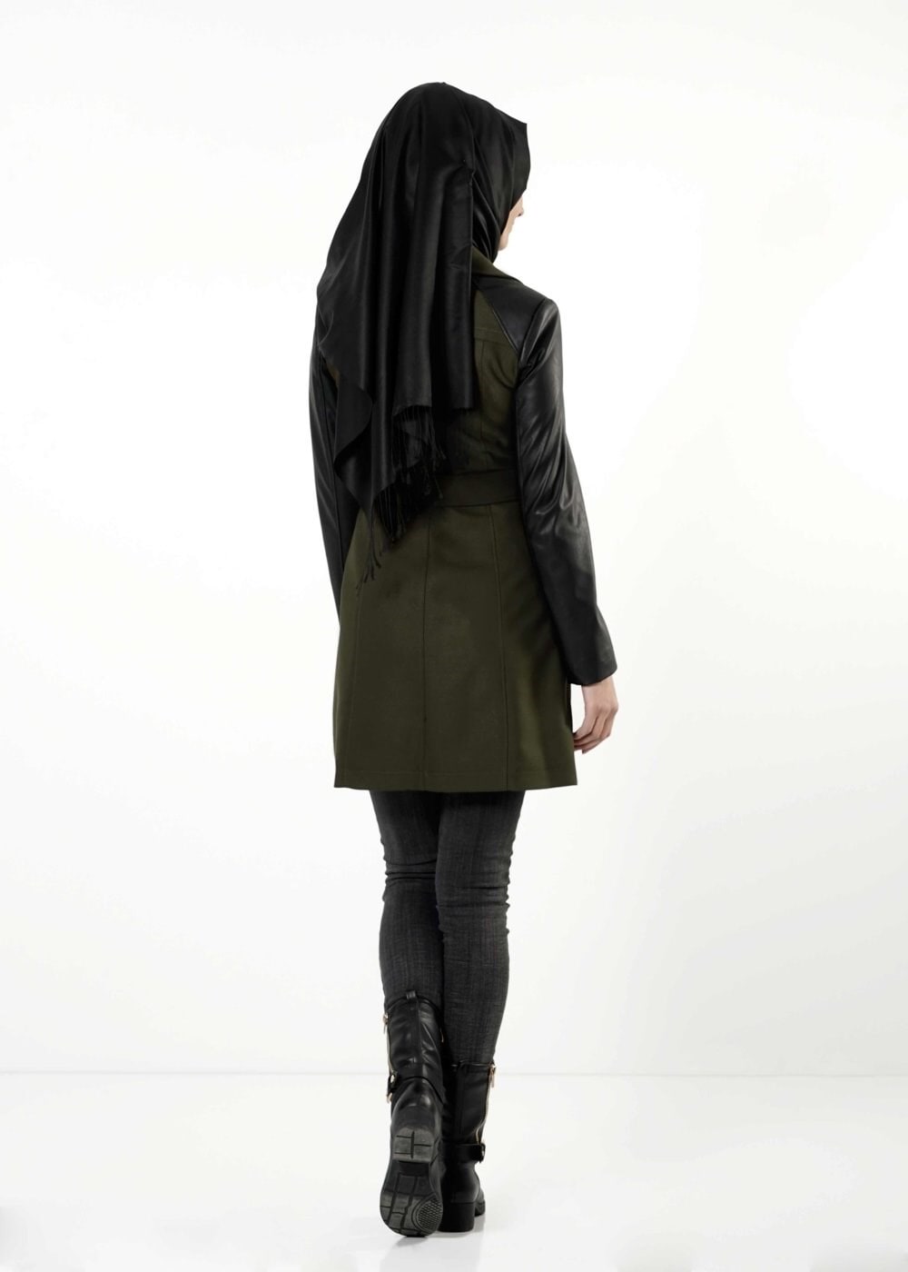 Tesettür giyim HAKİ DERİ DETAYLI KEMERLİ TRENÇKOT 1661 