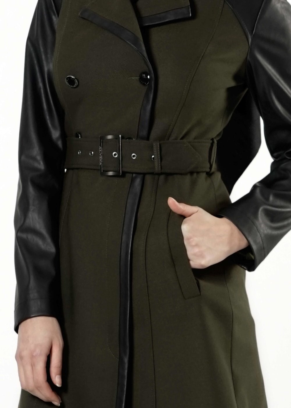 Tesettür giyim HAKİ DERİ DETAYLI KEMERLİ TRENÇKOT 1661 