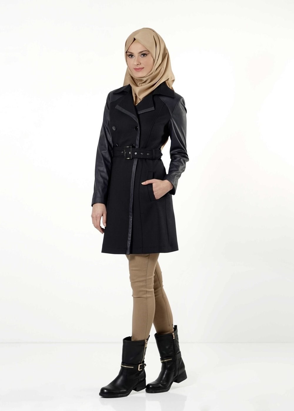 Tesettür giyim LACİVERT DERİ DETAYLI KEMERLİ TRENÇKOT 1661 