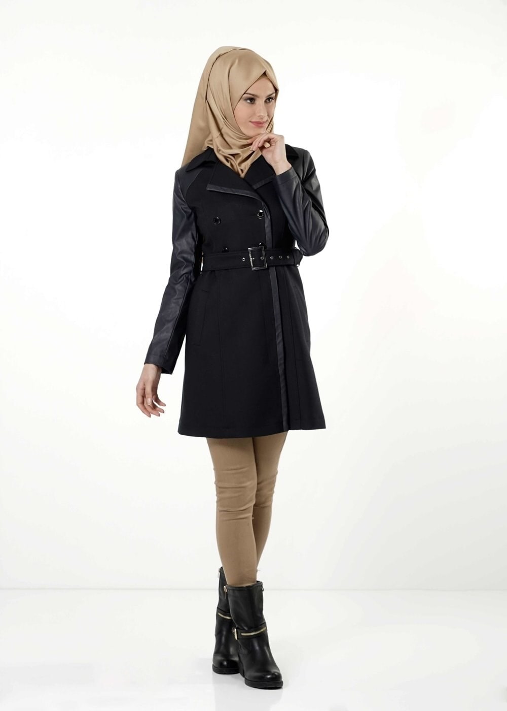 Tesettür giyim LACİVERT DERİ DETAYLI KEMERLİ TRENÇKOT 1661 