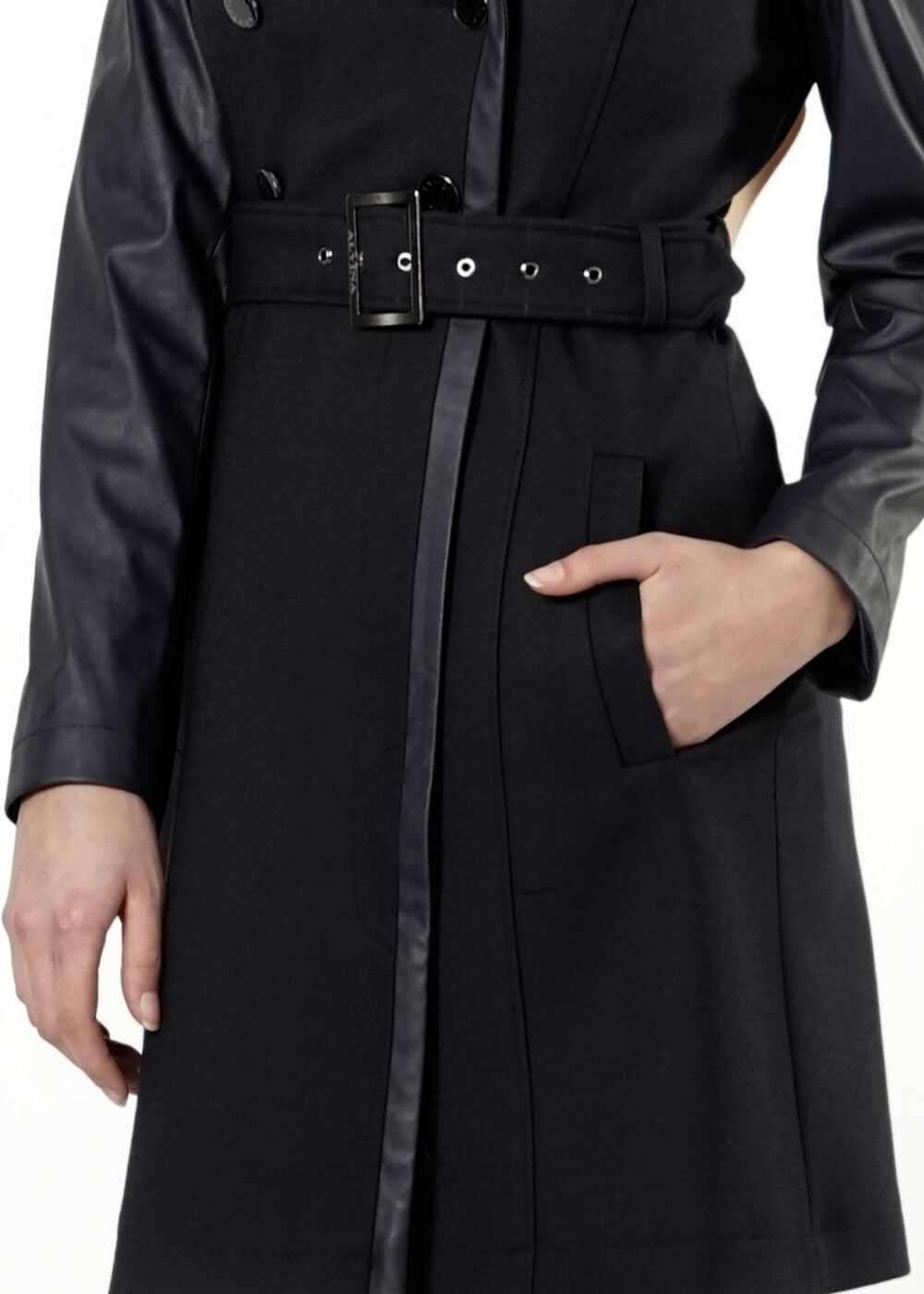 Tesettür giyim LACİVERT DERİ DETAYLI KEMERLİ TRENÇKOT 1661 