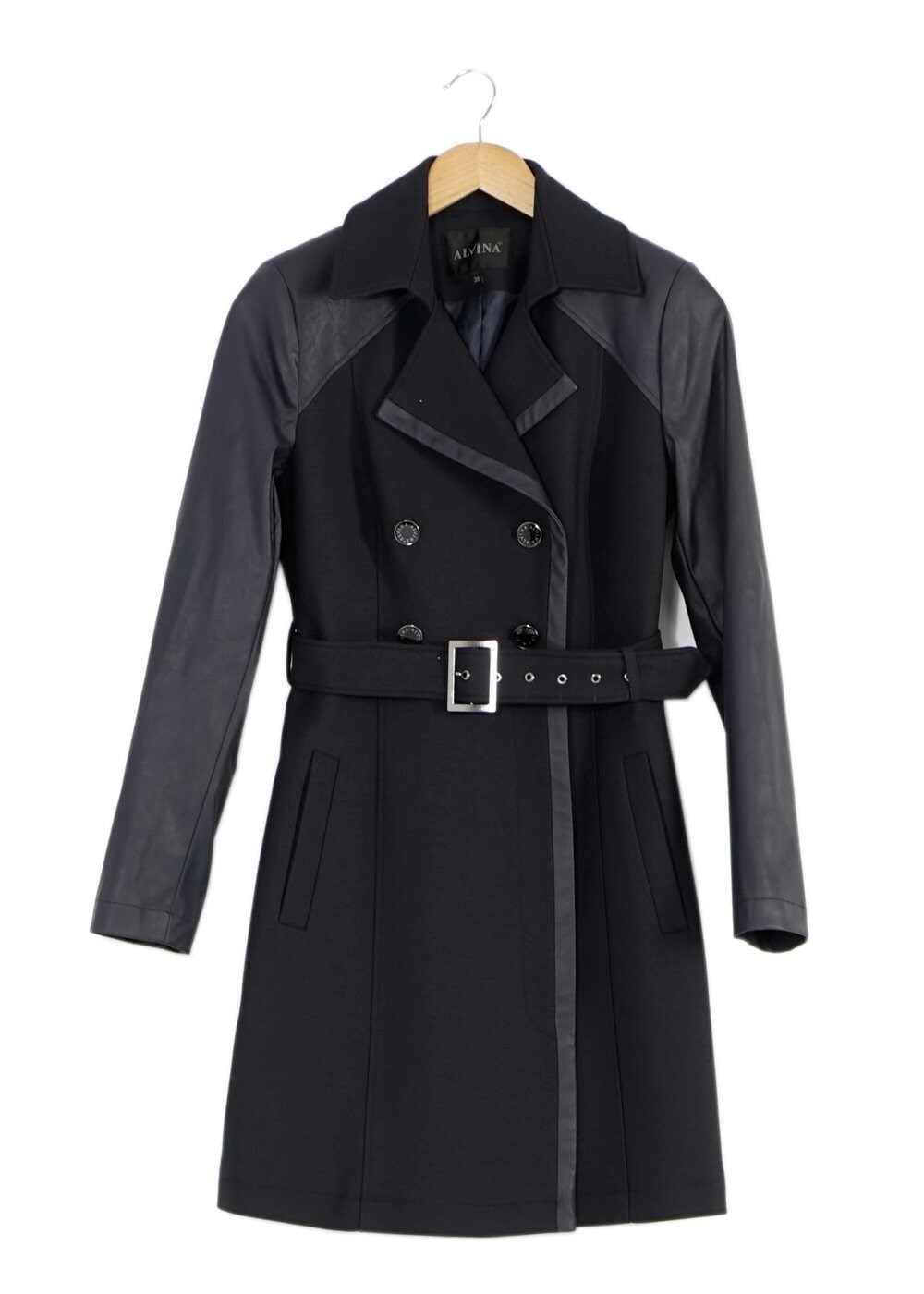 Tesettür giyim LACİVERT DERİ DETAYLI KEMERLİ TRENÇKOT 1661 