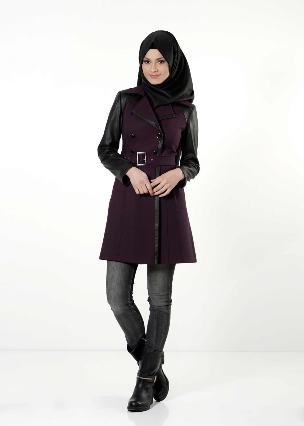 Tesettür giyim MÜRDÜM DERİ DETAYLI KEMERLİ TRENÇKOT 1661 