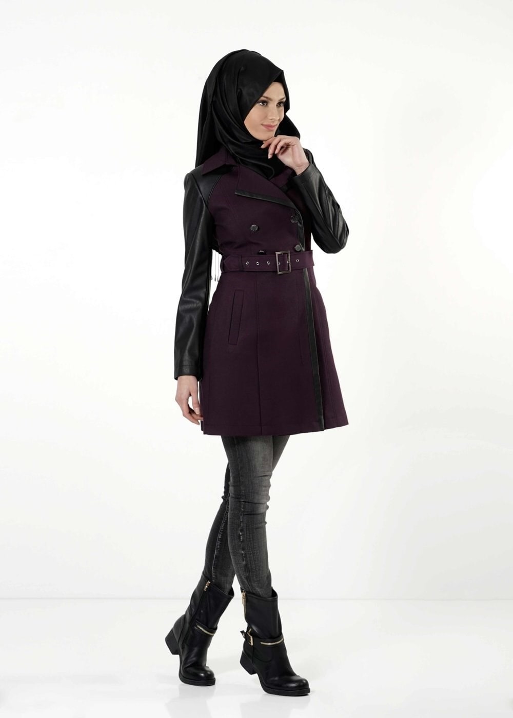 Tesettür giyim MÜRDÜM DERİ DETAYLI KEMERLİ TRENÇKOT 1661 