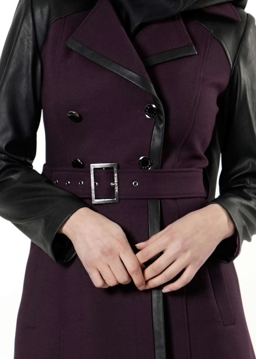 Tesettür giyim MÜRDÜM DERİ DETAYLI KEMERLİ TRENÇKOT 1661 