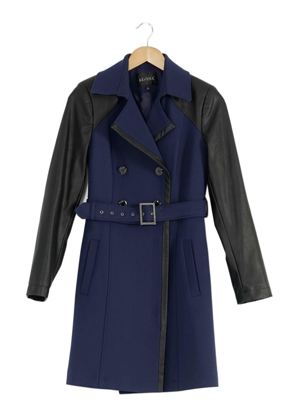 Tesettür giyim LACİVERT DERİ DETAYLI KEMERLİ TRENÇKOT 1661 