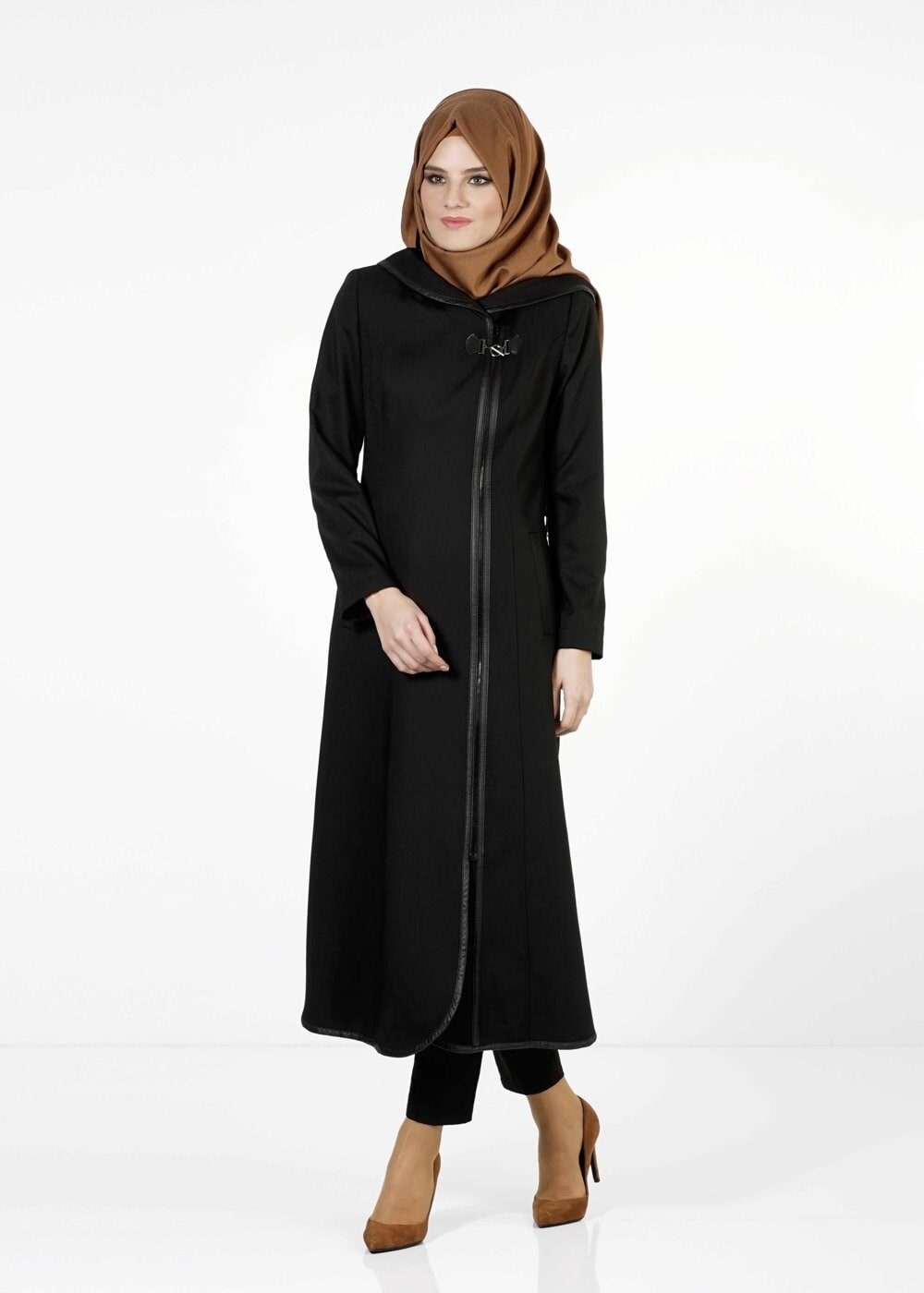 Tesettür giyim SİYAH DERİ DETAYLI TRENÇKOT 1664 