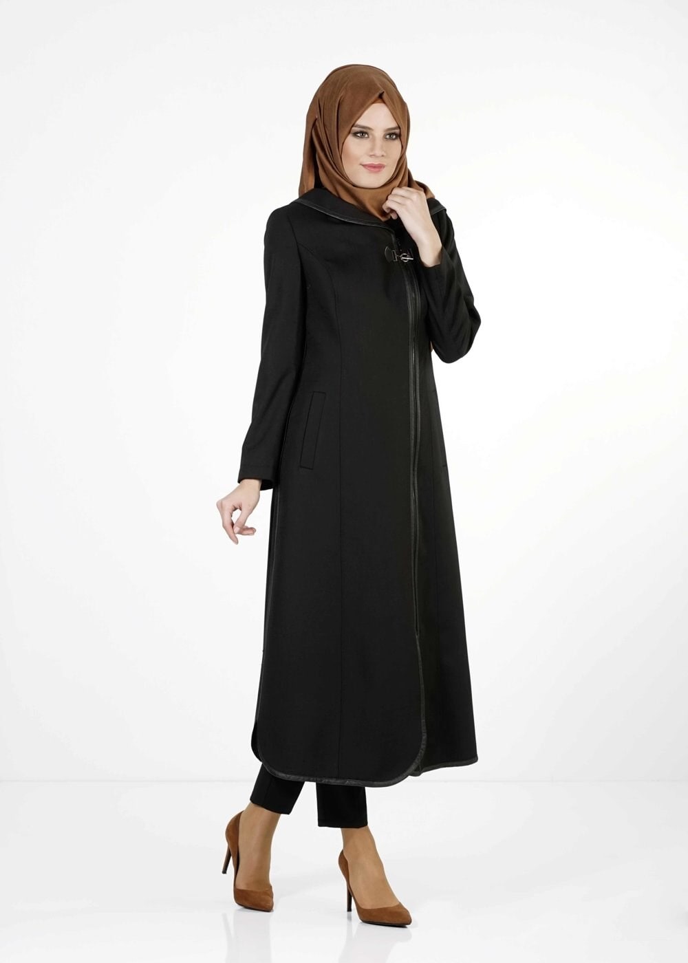 Tesettür giyim SİYAH DERİ DETAYLI TRENÇKOT 1664 