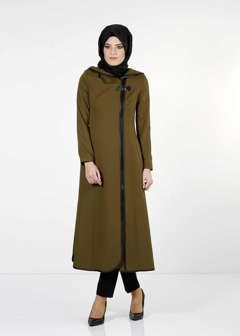 Tesettür giyim HAKİ DERİ DETAYLI TRENÇKOT 1664 