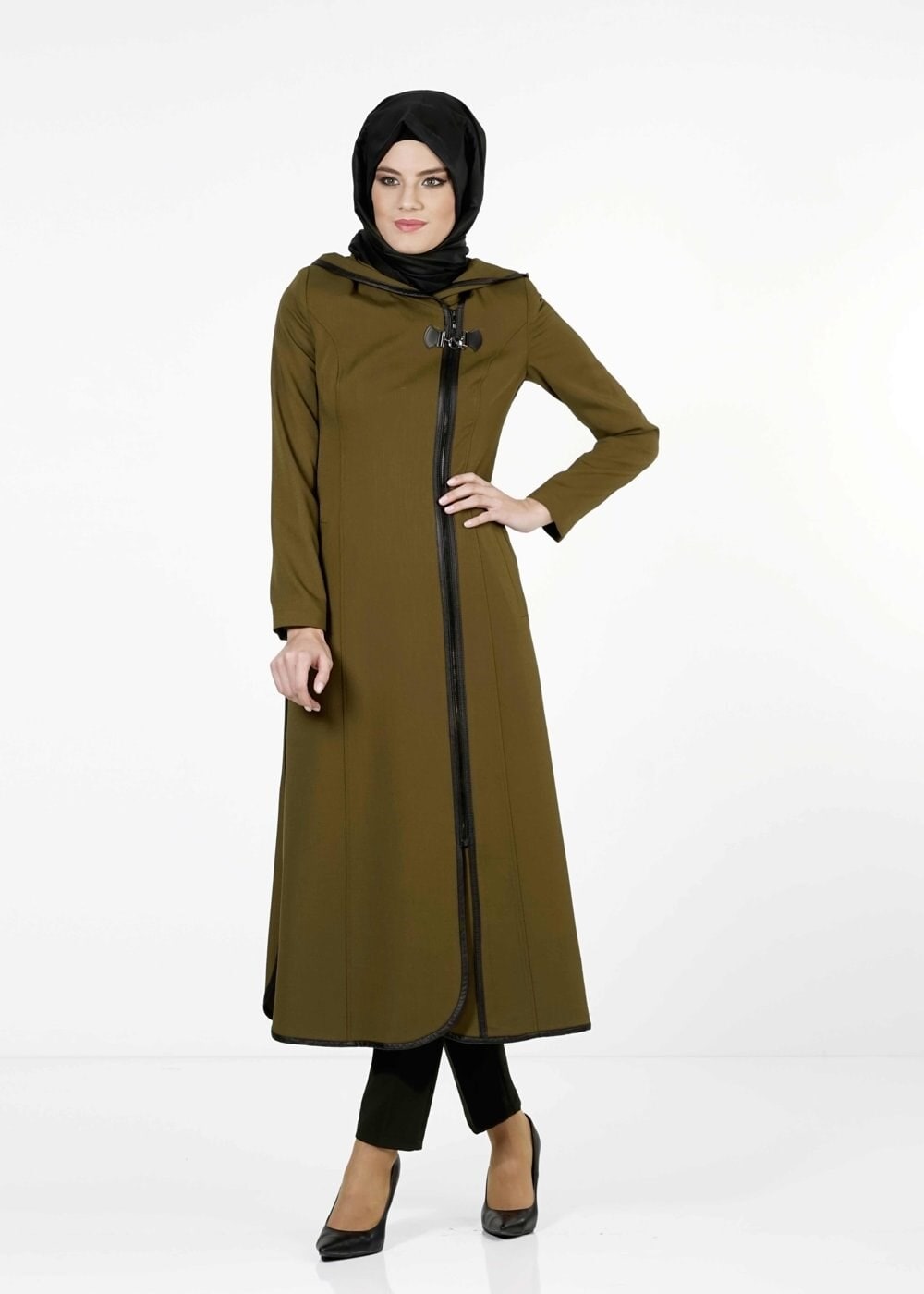 Tesettür giyim HAKİ DERİ DETAYLI TRENÇKOT 1664 