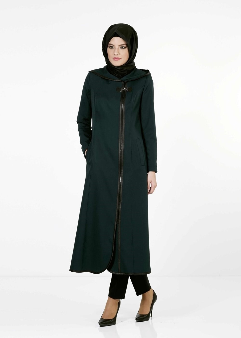 Tesettür giyim YEŞİL DERİ DETAYLI TRENÇKOT 1664 