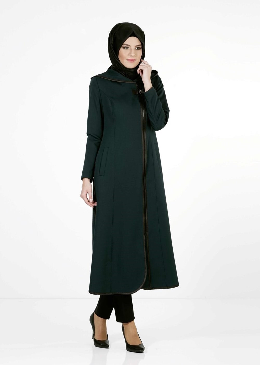 Tesettür giyim YEŞİL DERİ DETAYLI TRENÇKOT 1664 