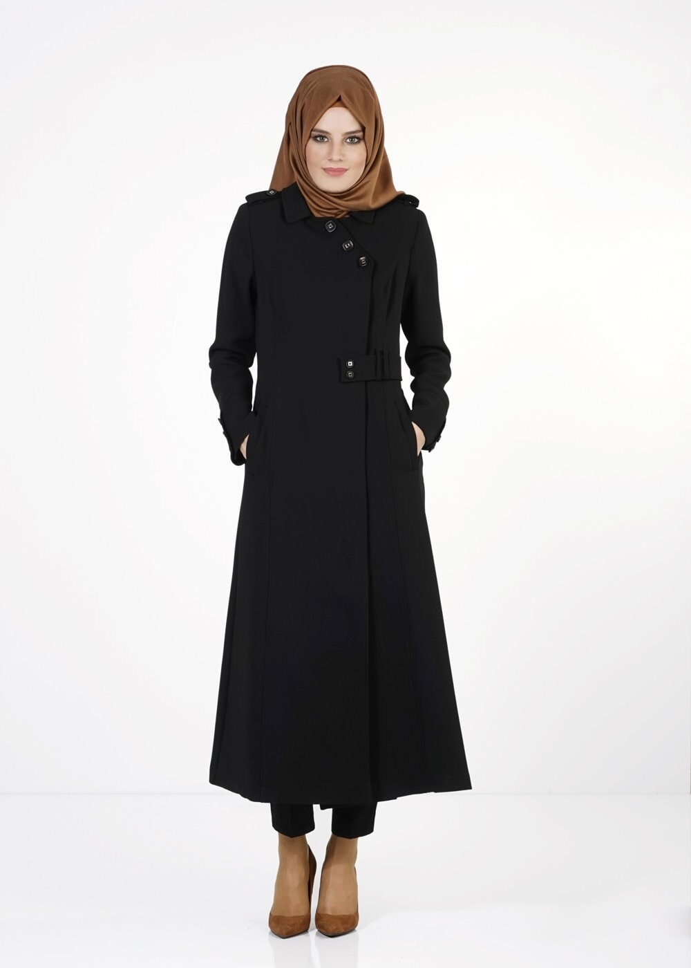 Tesettür giyim SİYAH DÜĞMELİ TRENÇKOT 1668 