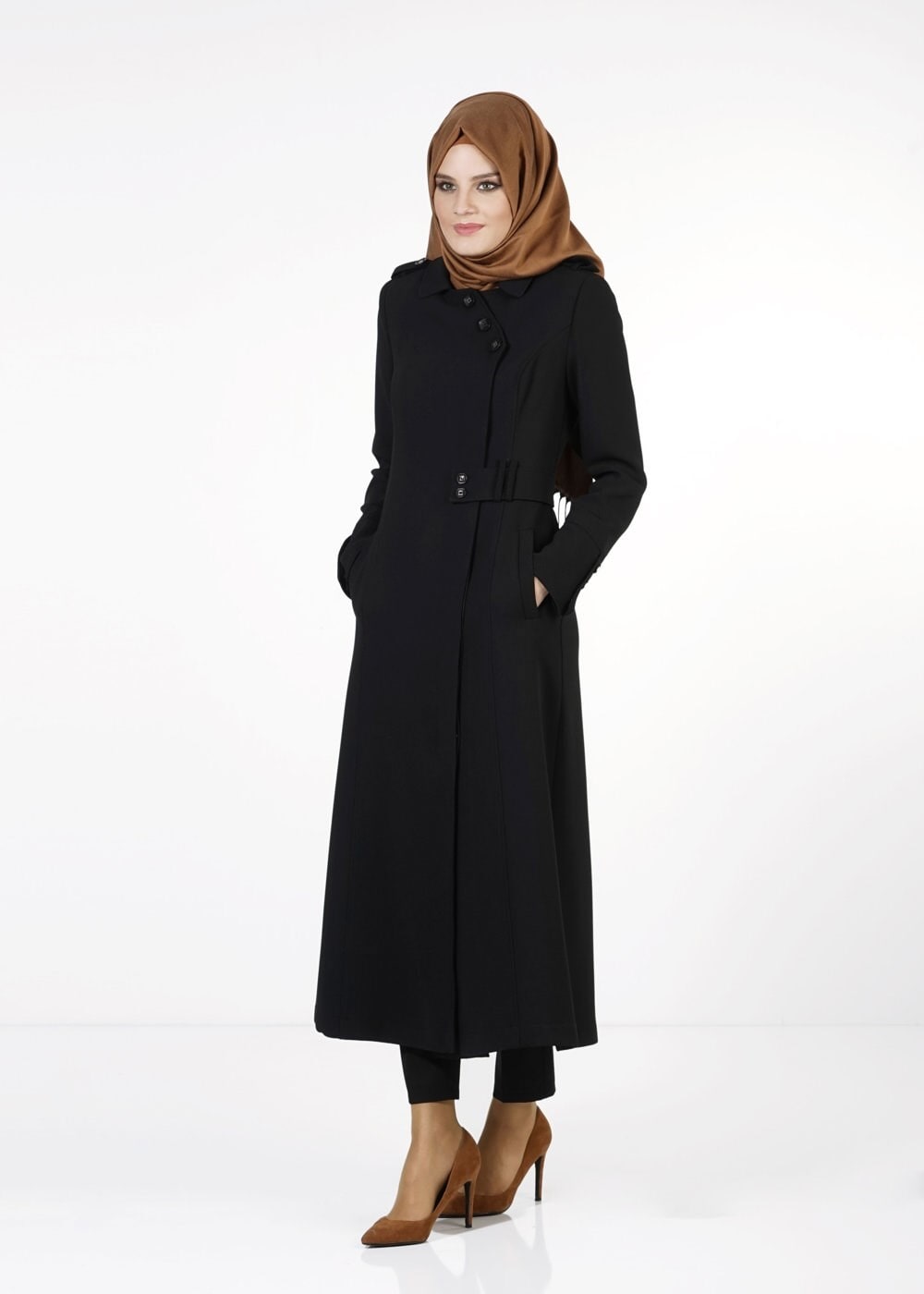 Tesettür giyim SİYAH DÜĞMELİ TRENÇKOT 1668 