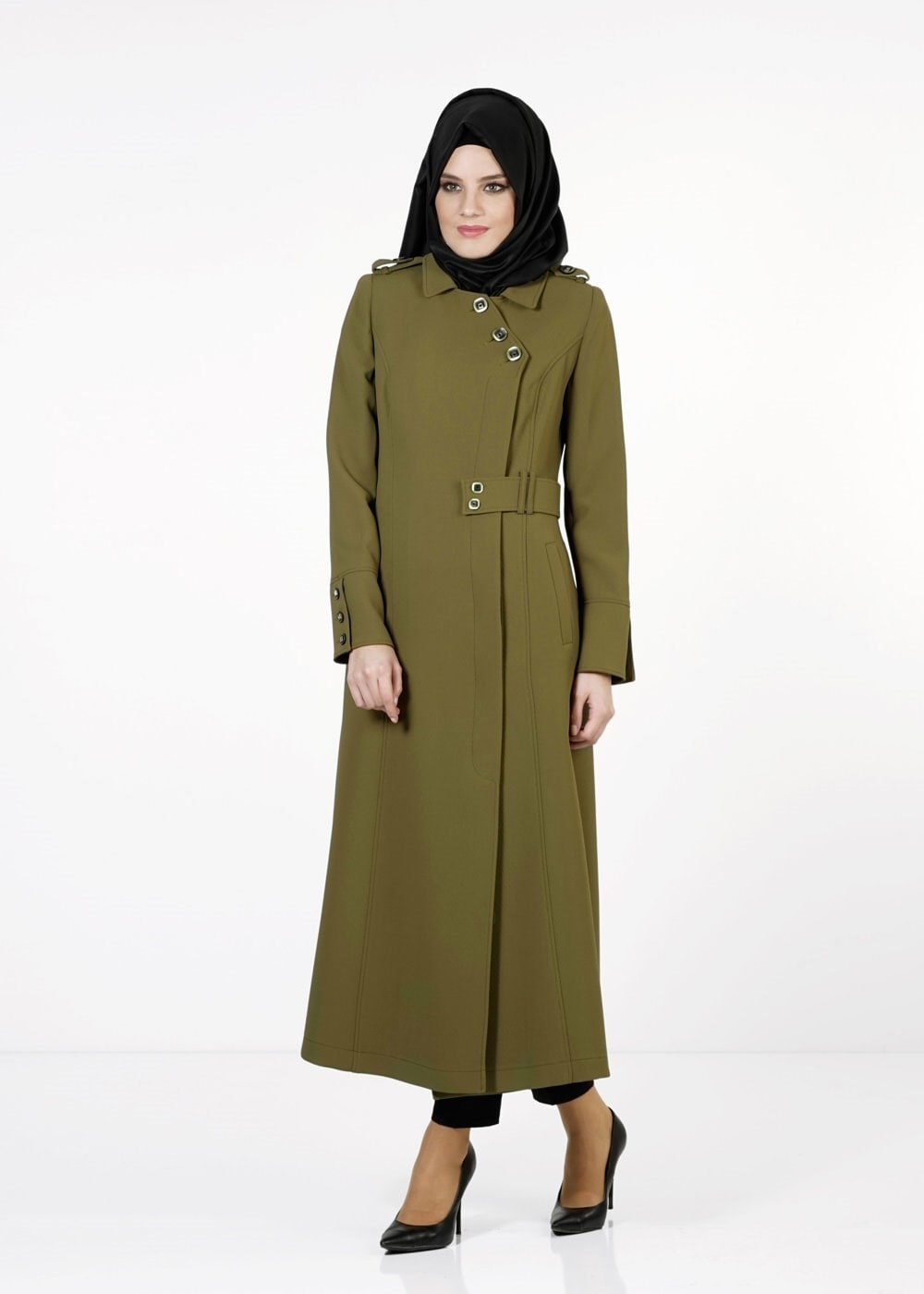 Tesettür giyim YEŞİL DÜĞMELİ TRENÇKOT 1668 