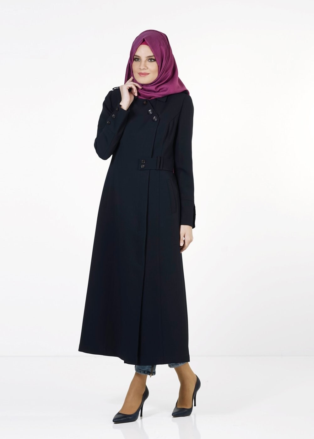Tesettür giyim LACİVERT DÜĞMELİ TRENÇKOT 1668 
