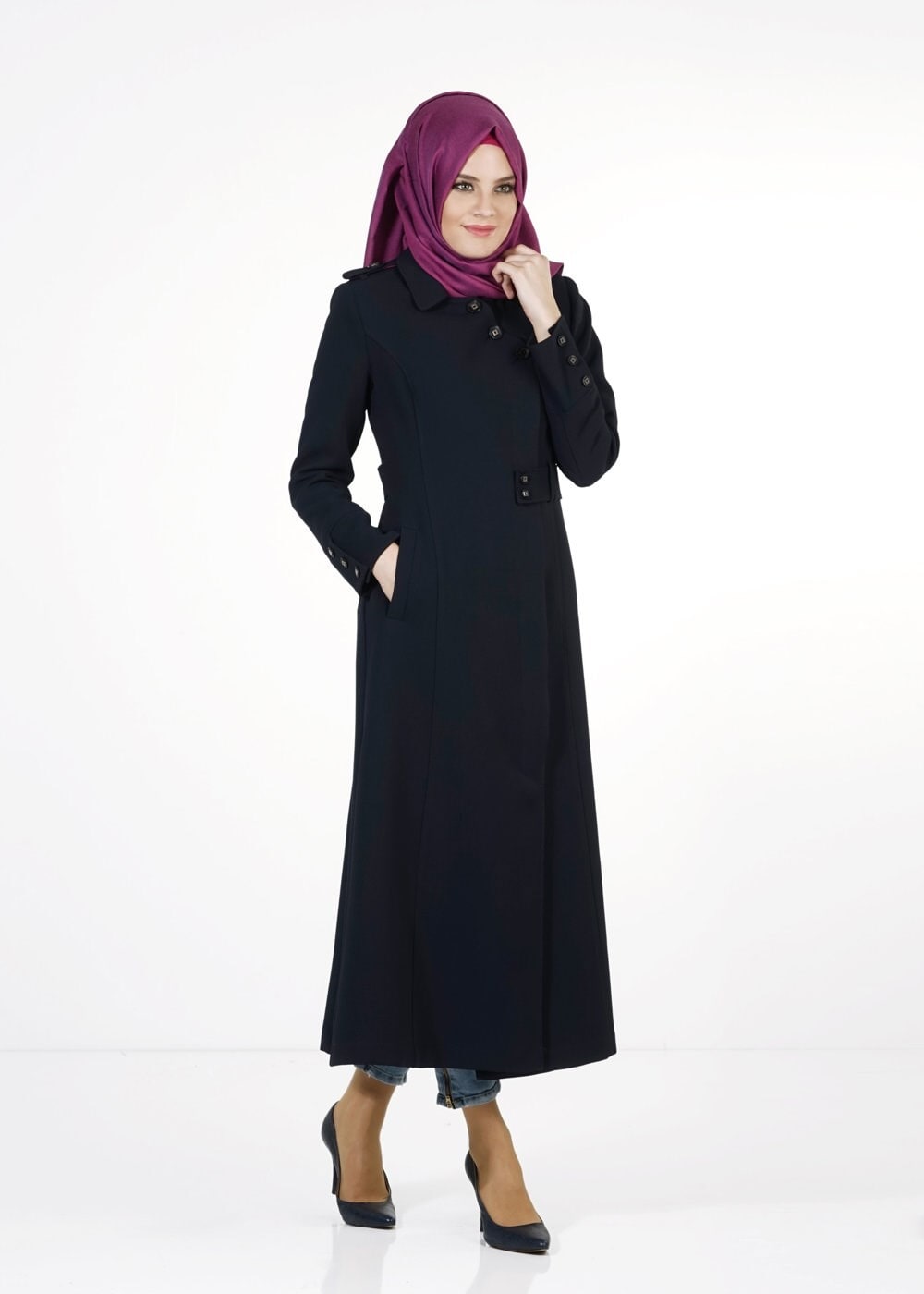Tesettür giyim LACİVERT DÜĞMELİ TRENÇKOT 1668 