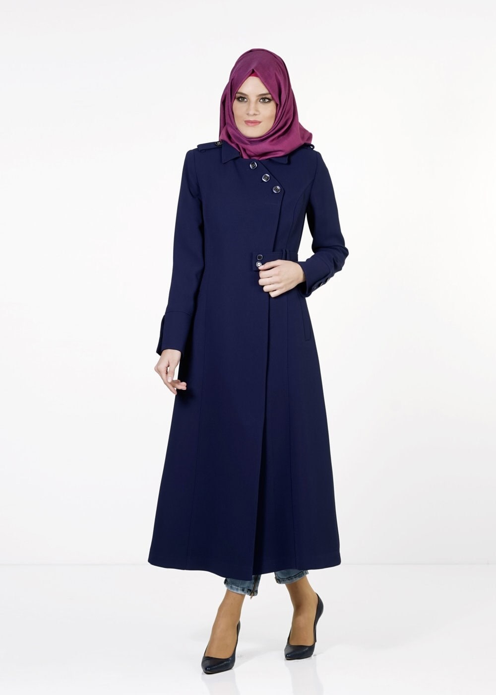Tesettür giyim LACİVERT DÜĞMELİ TRENÇKOT 1668 