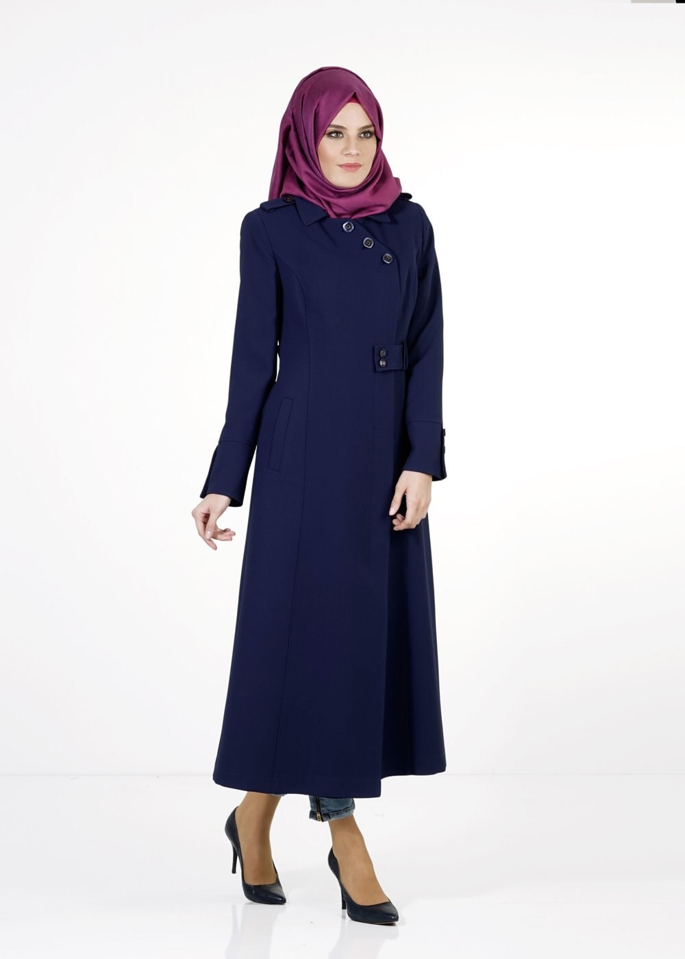 Tesettür giyim LACİVERT DÜĞMELİ TRENÇKOT 1668 