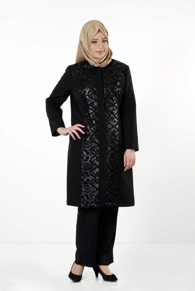 Hijab clothing BLACK GUIPURED TRENCH-COAT 1673  - ALVİNA