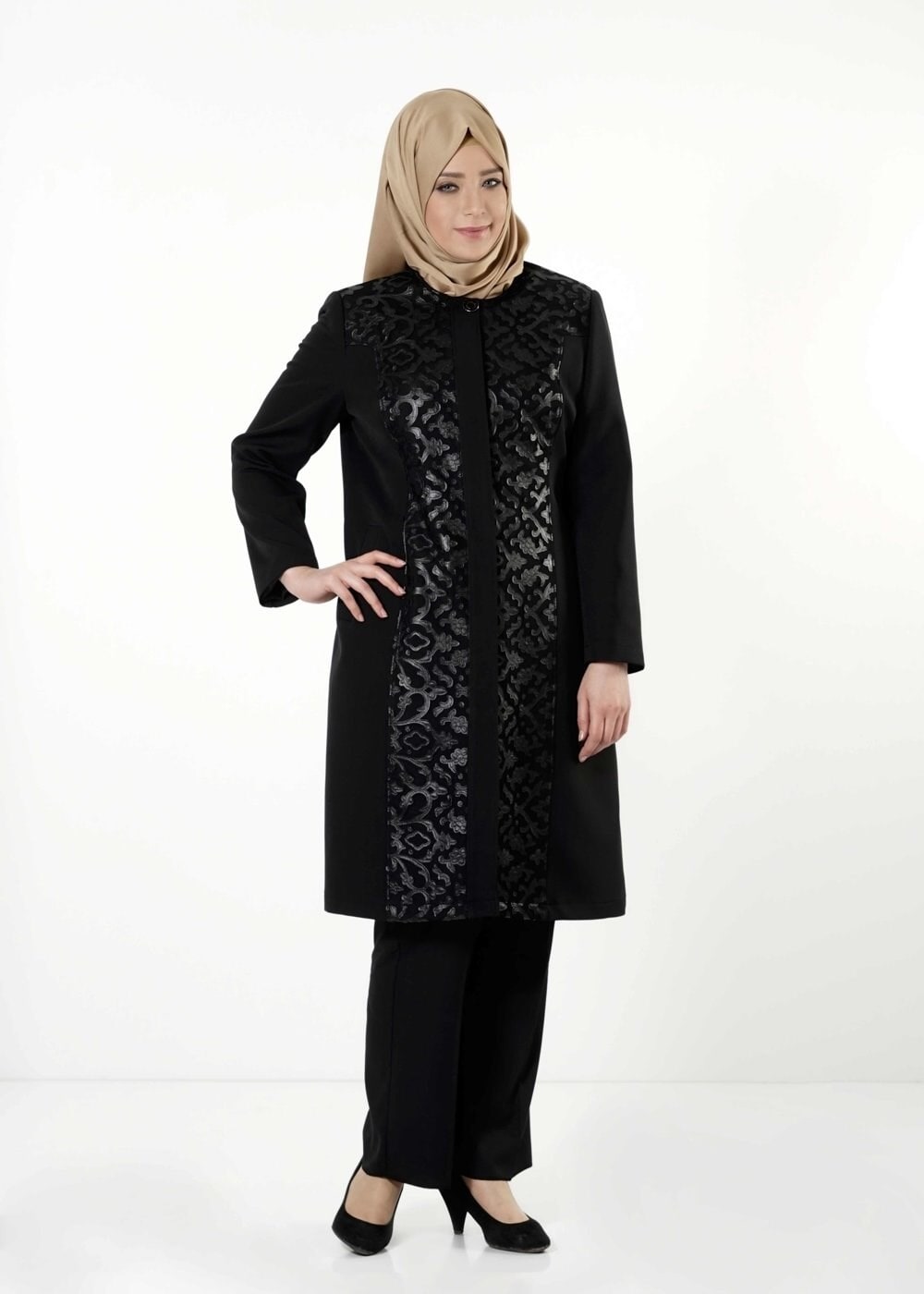 Hijab clothing BLACK GUIPURED TRENCH-COAT 1673 