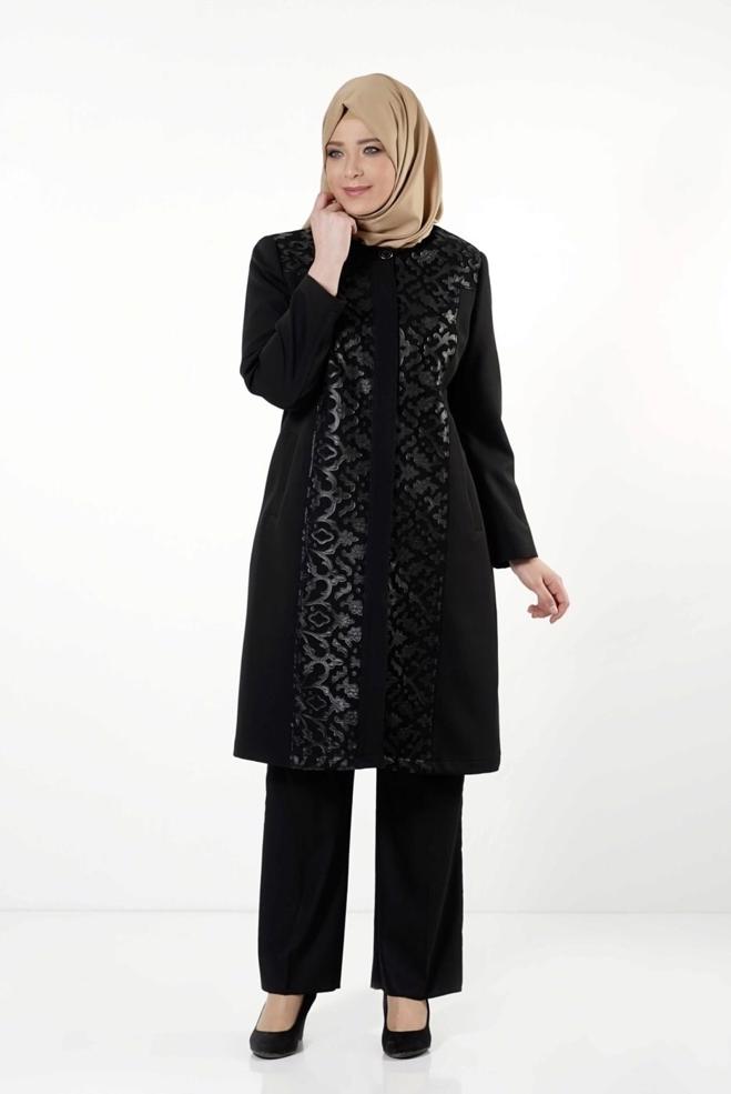 Hijab clothing BLACK GUIPURED TRENCH-COAT 1673  - ALVİNA