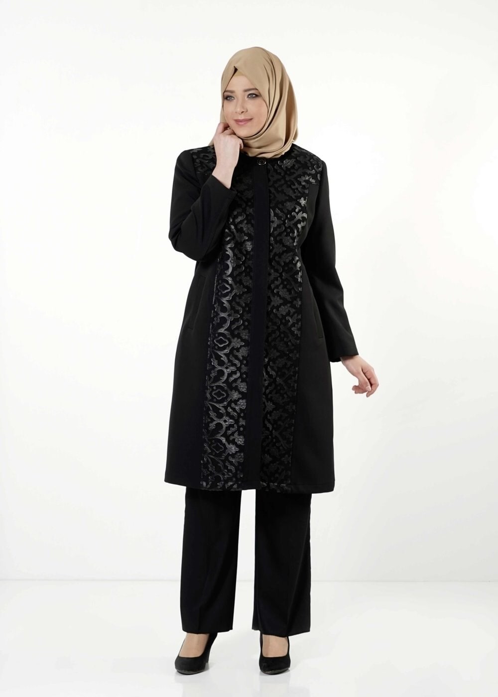 Hijab clothing BLACK GUIPURED TRENCH-COAT 1673 