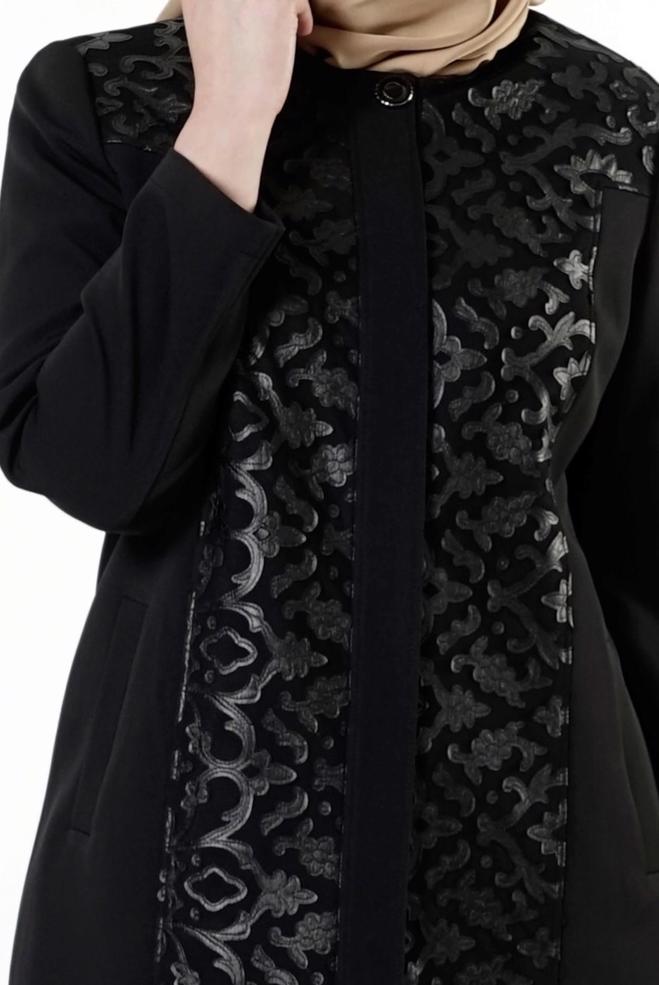 Hijab clothing BLACK GUIPURED TRENCH-COAT 1673  - ALVİNA