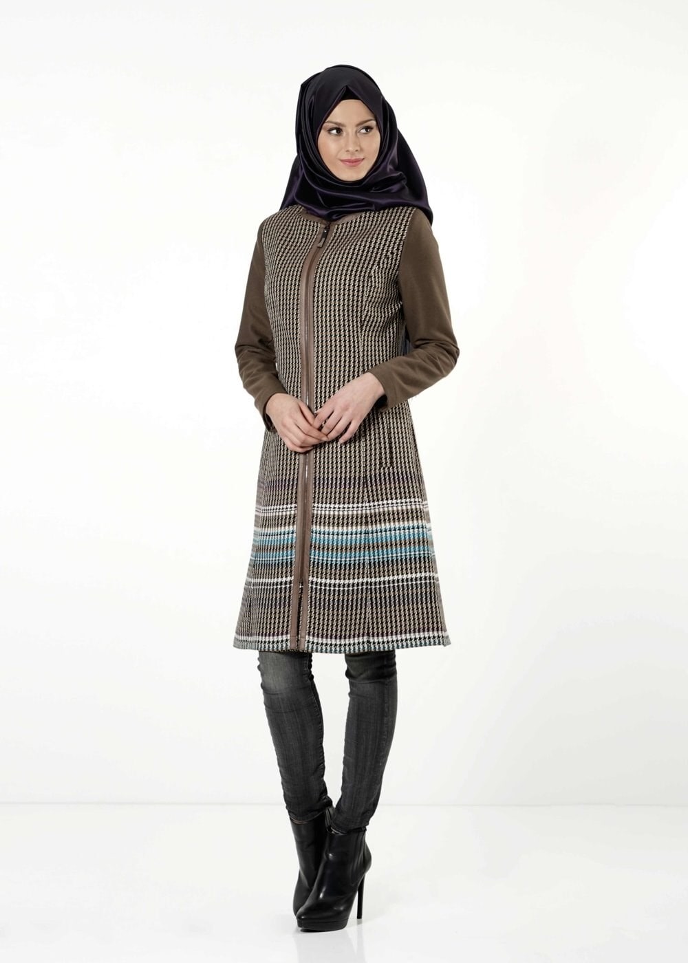 Tesettür giyim KAHVE KAZAYAĞI DESENLİ TRENÇKOT 1687 