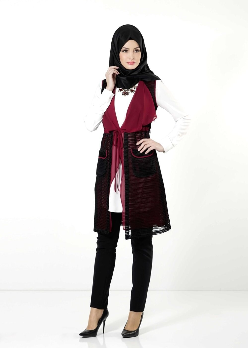 Tesettür giyim BORDO FİLE DETAYLI YELEK 4107 