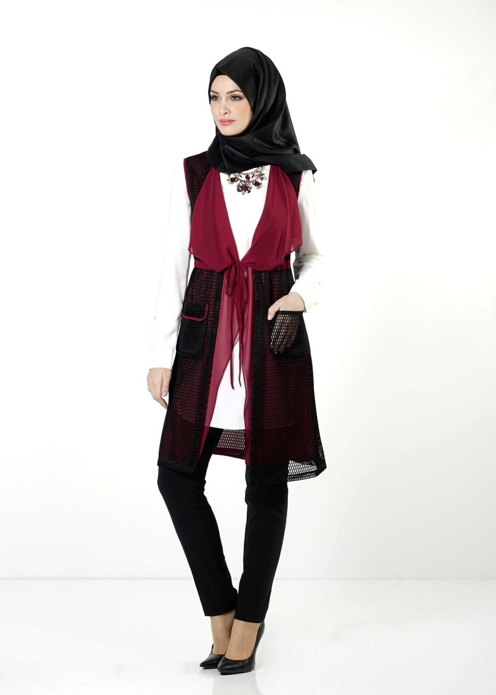 Tesettür giyim BORDO FİLE DETAYLI YELEK 4107 