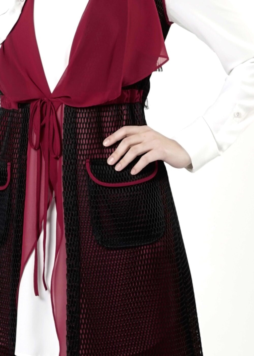 Tesettür giyim BORDO FİLE DETAYLI YELEK 4107 