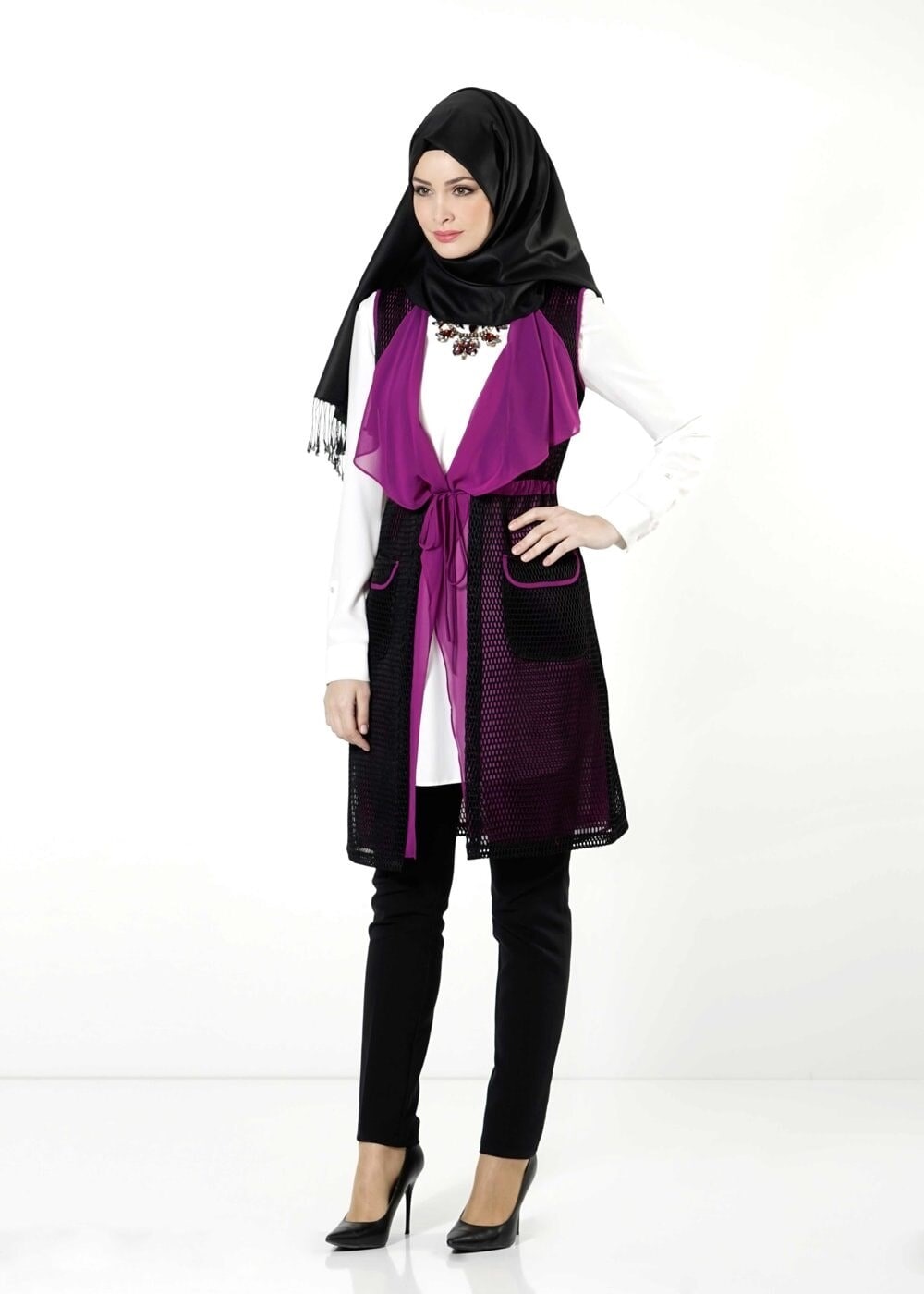 Tesettür giyim MOR FİLE DETAYLI YELEK 4107 