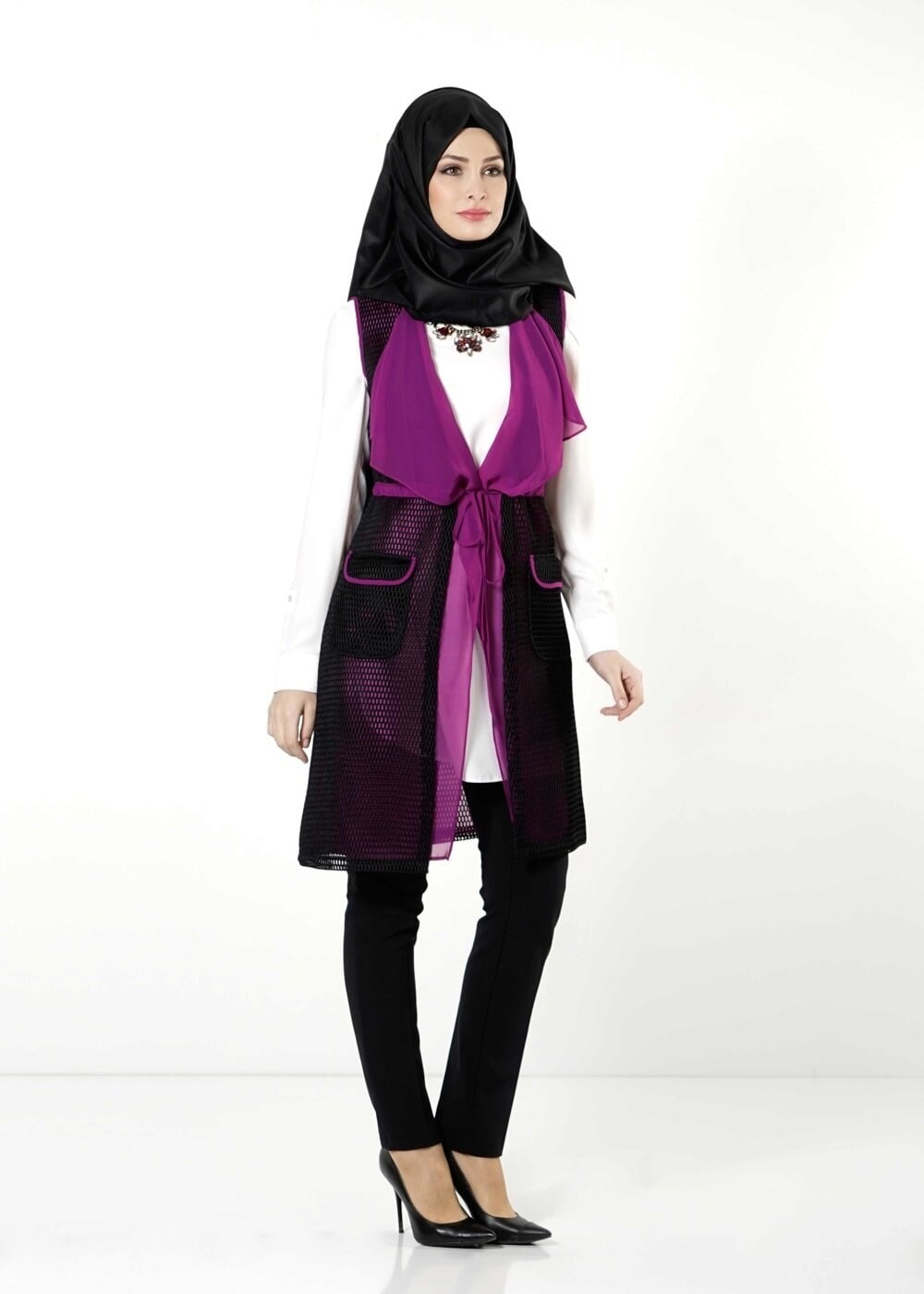 Tesettür giyim MOR FİLE DETAYLI YELEK 4107 