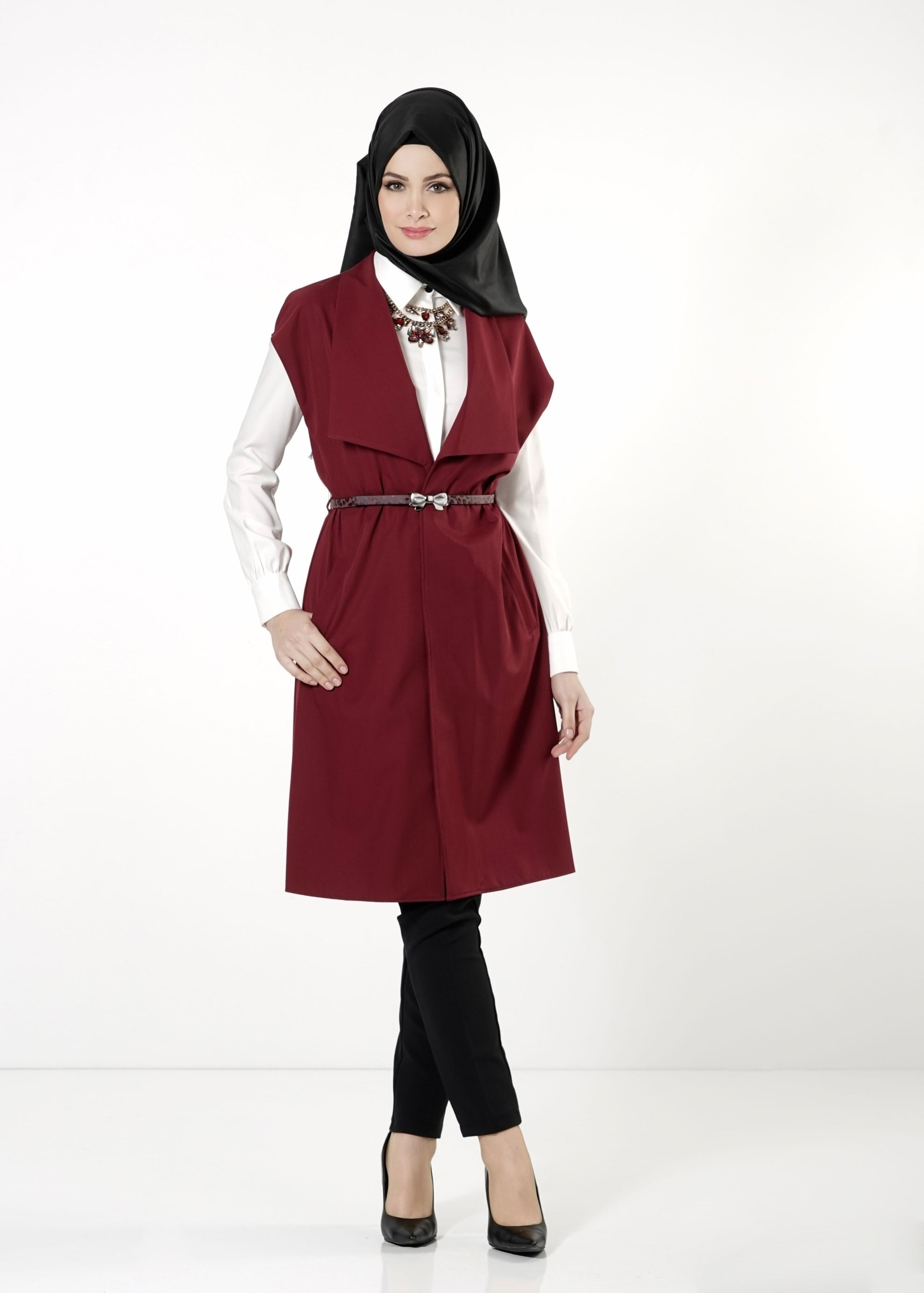 Tesettür giyim BORDO CEPLİ YELEK 4158 