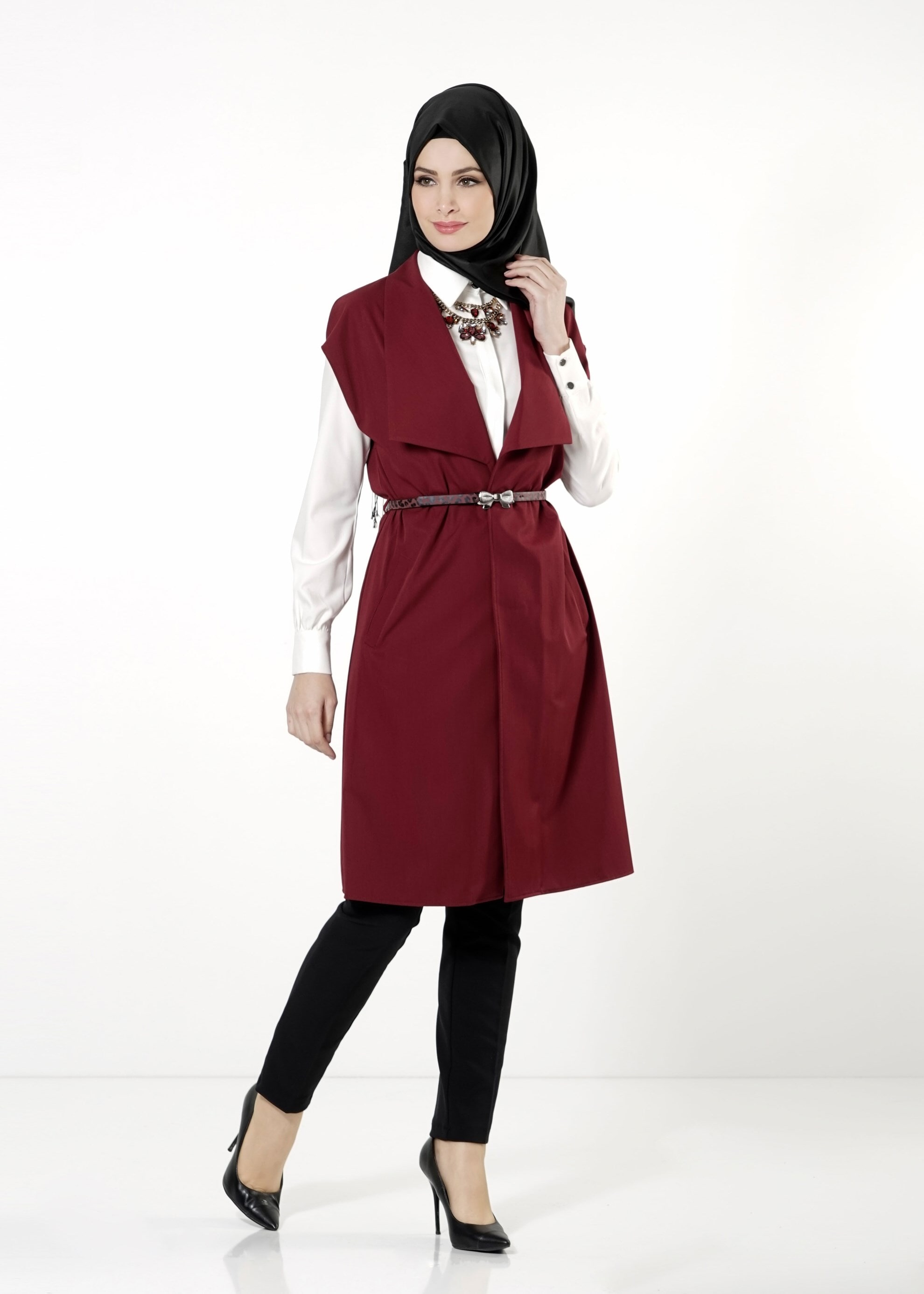 Tesettür giyim BORDO CEPLİ YELEK 4158 