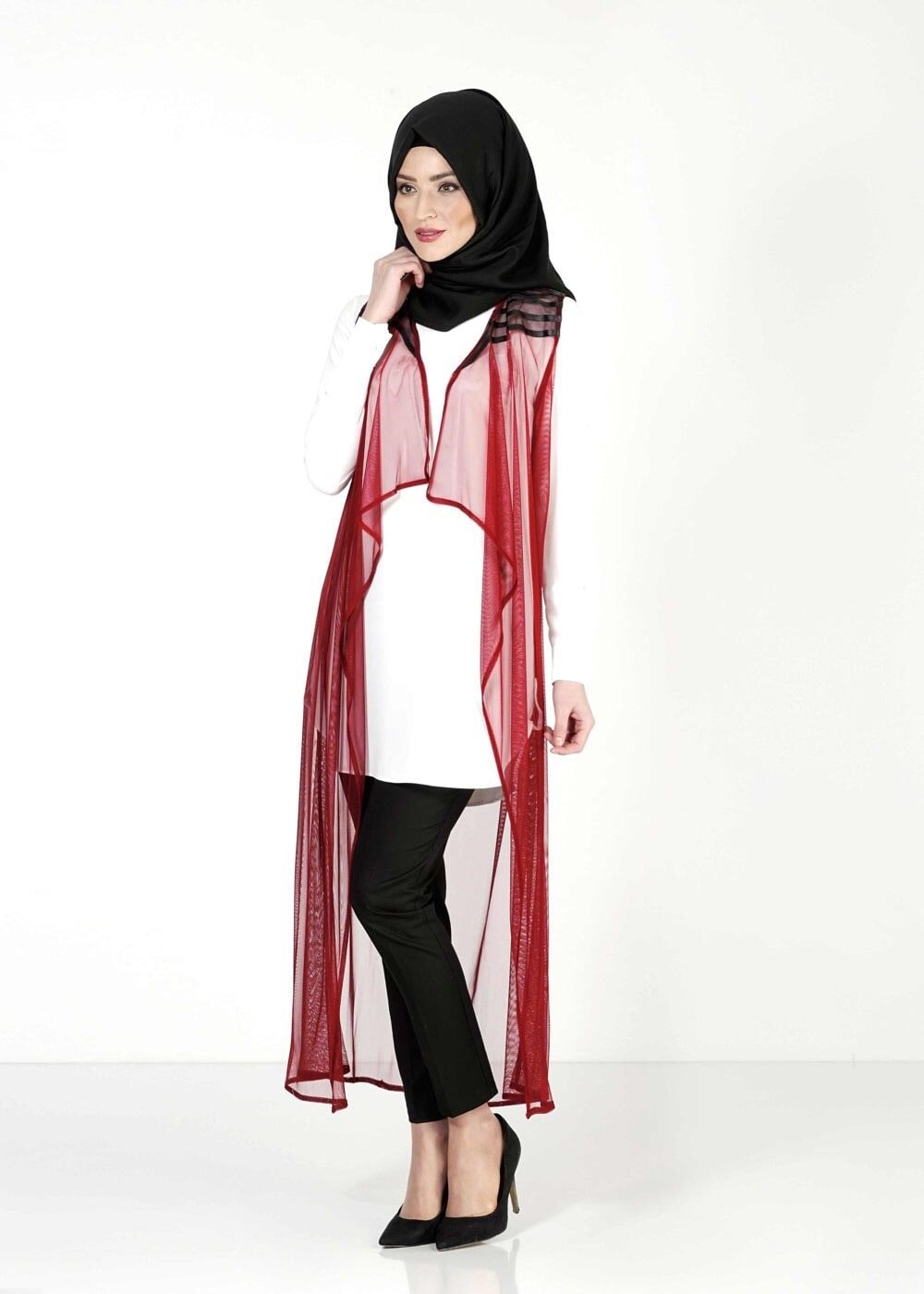 Tesettür giyim BORDO ASİMETRİK KESİM TÜL YELEK 4027 