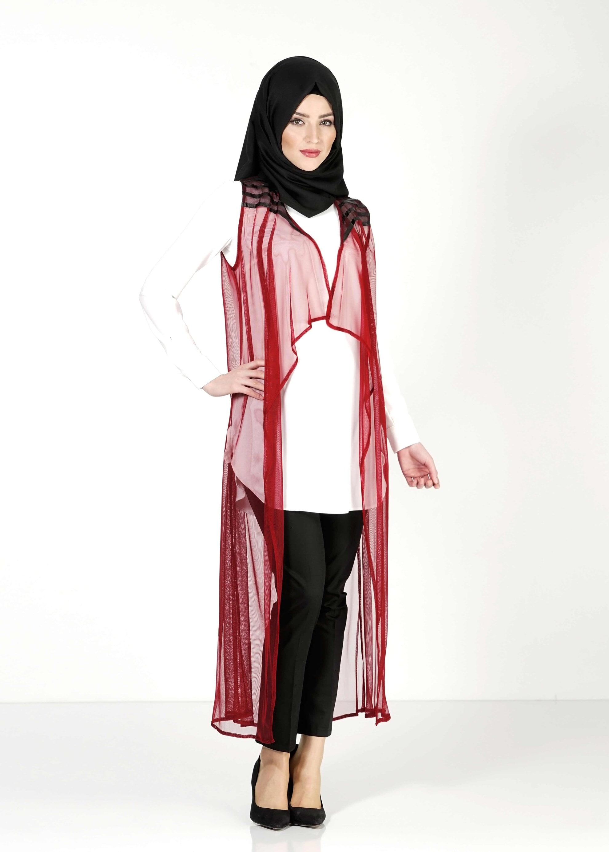 Tesettür giyim BORDO ASİMETRİK KESİM TÜL YELEK 4027 