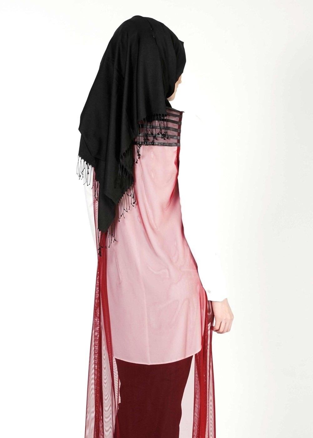 Tesettür giyim BORDO ASİMETRİK KESİM TÜL YELEK 4027 